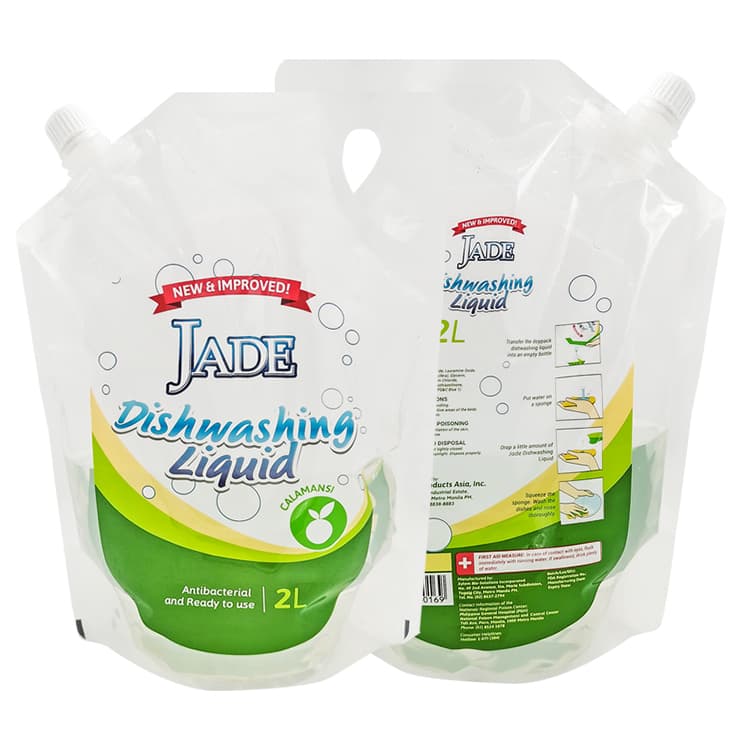 Jade dishwashing liquid refill packaging with capped spouts