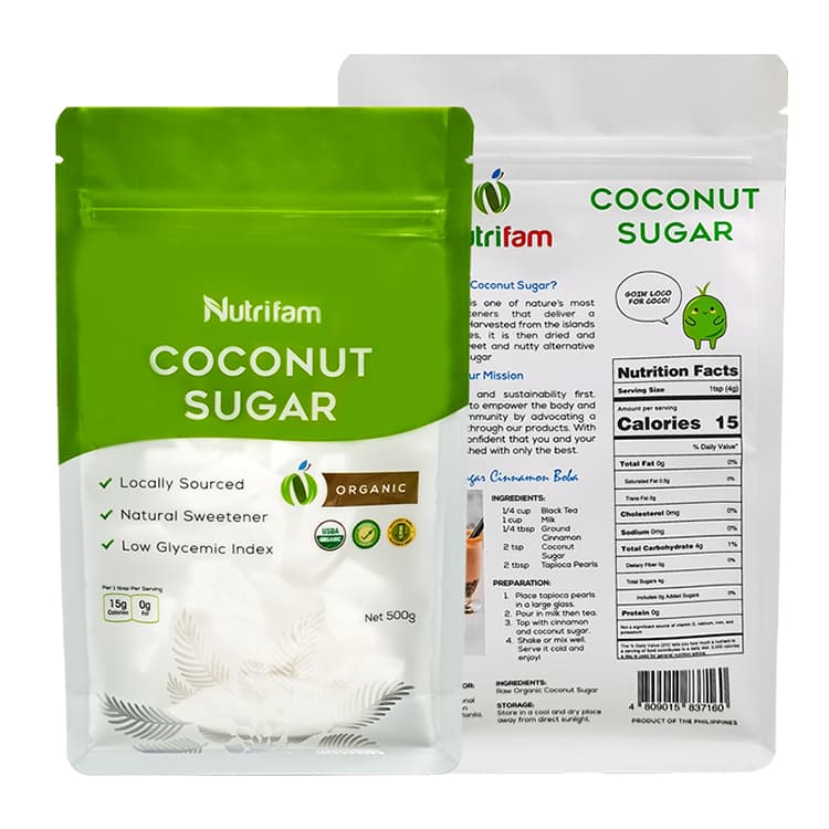 Nutrifam coconut sugar packaging with a clear leaf-shaped window