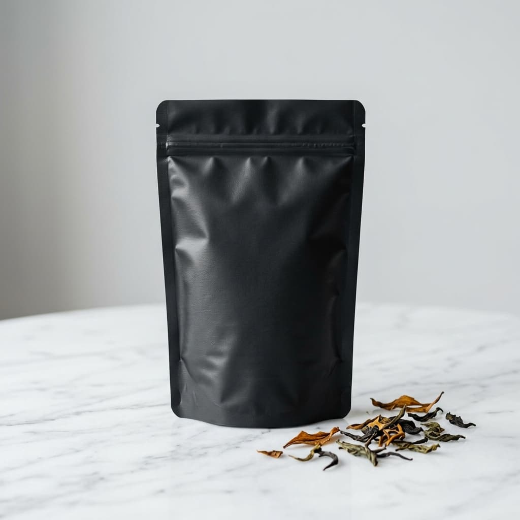 Premium matte black tea stand-up pouch with scattered dry tea leaves