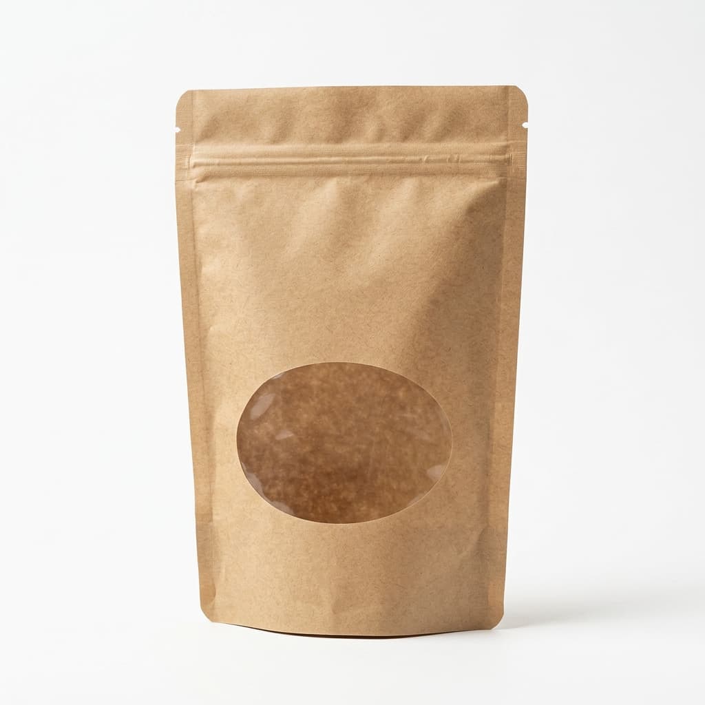 Kraft paper stand-up tea pouch with transparent oval window